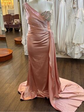 One-Shoulder Pink Satin Evening Gown with Beaded Detail